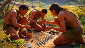 Illustration of prehistoric hunters using plant-based poisons on arrowheads in South Africa 7,000 years ago.