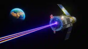 Illustration of the Psyche spacecraft transmitting a laser message from deep space.