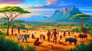 Illustration of the diverse ecosystems and stable climates of Africa that facilitated early human evolution.