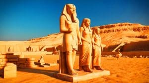 Illustration of the unique Fifth Dynasty funerary statue depicting nobleman Messi with his wife and daughter at Saqqara.