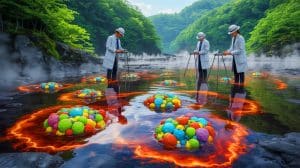 Illustration of researchers studying microbial life in Japan's iron-rich hot springs.