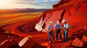 Illustration of geologists examining a massive iron ore deposit in Western Australia.
