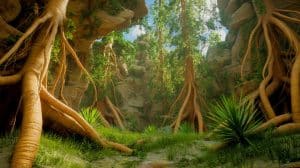 Illustration of the Cairo Fossil Forest showcasing ancient tree fossils from the Devonian period.