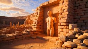 Illustration of a 12,000-year-old human-shaped statue discovered within the walls of Göbekli Tepe.