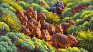 Illustration of bettongs being reintroduced to their native habitat on the Yorke Peninsula amidst invasive predators.