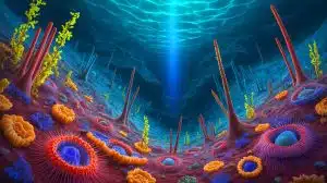Illustration of organisms thriving in the extreme depths of the Mariana Trench.