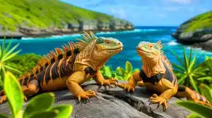 Illustration of Clarion Island's spiny-tailed iguanas existing for 425,000 years before human arrival.