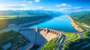 Illustration of the Three Gorges Dam and its potential impact on Earth's rotation.