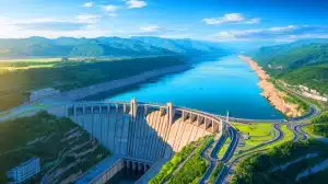Illustration of the Three Gorges Dam and its potential impact on Earth's rotation.
