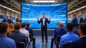 Illustration of Elon Musk announcing Grokipedia as a challenger to Wikipedia.