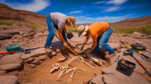 Illustration of paleontologists examining dinosaur fossils in New Mexico's San Juan Basin.