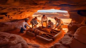 Illustration of researchers analyzing ancient DNA from naturally mummified remains in the Takarkori rock shelter, Libya.
