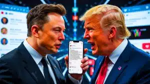 Illustration of Elon Musk and Donald Trump in a social media confrontation.
