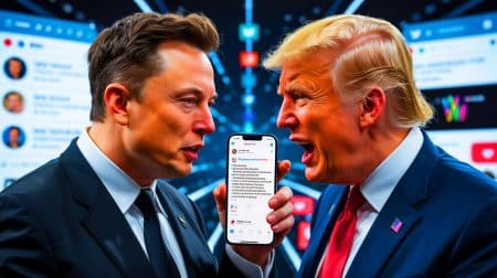 Illustration of Elon Musk and Donald Trump in a social media confrontation.