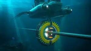 Illustration of a sophisticated cable-cutting device operating at great ocean depths.