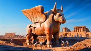 Illustration of a colossal lamassu statue unearthed in Nineveh, Iraq.
