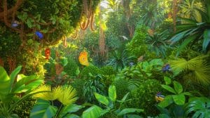 Illustration of the South East Africa Montane Archipelago's unique biodiversity with endemic species and lush forest landscapes.