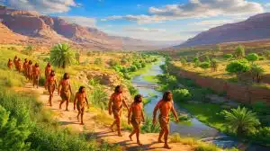 Illustration of early humans migrating through a lush Jordan Rift Valley.
