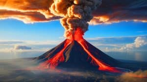 Illustration of the Klyuchevskoy volcano eruption with twin lava flows and a 1,000-mile smoke plume captured by NASA's Aqua satellite.
