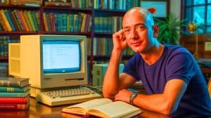 Illustration of Jeff Bezos in a 1996 interview discussing Amazon's early vision for online retail.