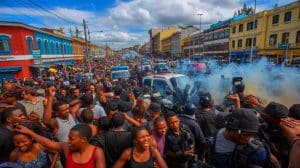 Illustration of protesters in Antananarivo clashing with police over political and social grievances.