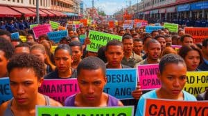 Illustration of young protesters in Madagascar demanding government accountability amidst widespread shortages.