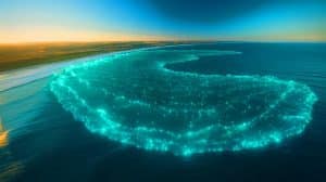 Illustration of a massive bioluminescent phytoplankton bloom creating a turquoise glow off Australia's coast.