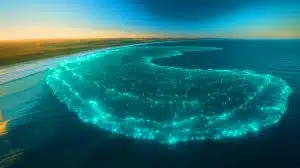 Illustration of a massive bioluminescent phytoplankton bloom creating a turquoise glow off Australia's coast.