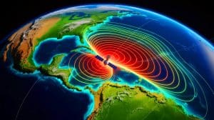 Illustration of the South Atlantic Anomaly affecting Earth's magnetic field and space technology.