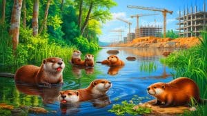 Illustration of otters and beavers facing habitat threats due to UK planning reforms.