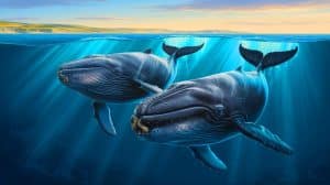 Illustration of North Atlantic right whales interacting at the surface of Cape Cod Bay.