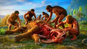 Illustration of early humans scavenging the remains of a large animal.