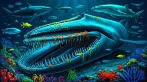 Illustration of a thriving ecosystem around the decaying remains of a massive sea creature in the deep ocean.