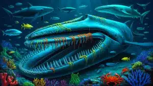 Illustration of a thriving ecosystem around the decaying remains of a massive sea creature in the deep ocean.