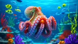 Illustration of the proposed commercial octopus farm by Nueva Pescanova amidst global ethical and environmental debates.