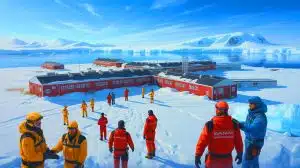 Illustration of the SANAE IV Antarctic research base amidst a vast, icy landscape.