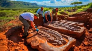 Illustration of scientists uncovering Permian-era fossils in southern Africa.