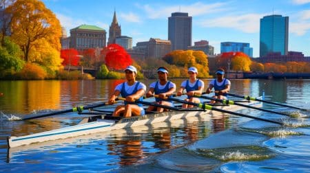Illustration of four South African rowers competing at the Head of the Charles Regatta in Boston.