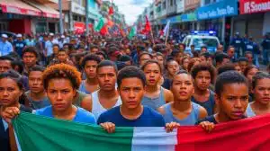 Illustration of young protesters in Madagascar demanding political change amidst government dissolution.
