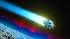Illustration of interstellar comet 3I/ATLAS with a high CO₂/H₂O ratio and a hyperbolic trajectory.