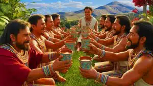 Illustration of Wari leaders serving psychedelic-infused beer during a diplomatic gathering.