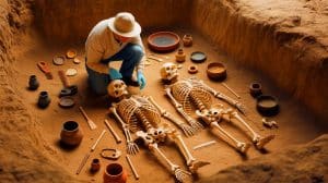 Illustration of an ancient skeleton being analyzed for DNA links to West African ancestry.
