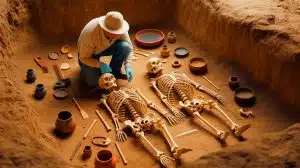Illustration of an ancient skeleton being analyzed for DNA links to West African ancestry.