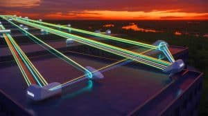 Illustration of Taara's Lightbridge transmitting laser beams between two fixed points on Earth.