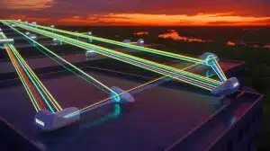 Illustration of Taara's Lightbridge transmitting laser beams between two fixed points on Earth.