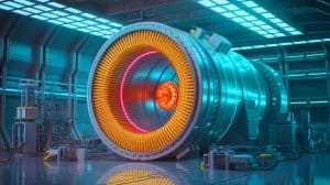 Illustration of the ITER project's central solenoid, a powerful magnet essential for nuclear fusion.
