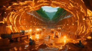 Illustration of a massive gold reserve discovered beneath the hills of Hunan Province, China.