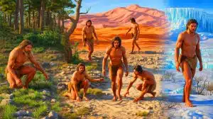 Illustration of early Homo sapiens in diverse environments during their migration out of Africa.