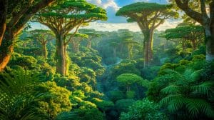 Illustration of larger trees growing in the Amazon rainforest due to increased carbon dioxide levels.