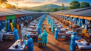 Illustration of a makeshift COVID-19 treatment center in Kampala, Uganda.